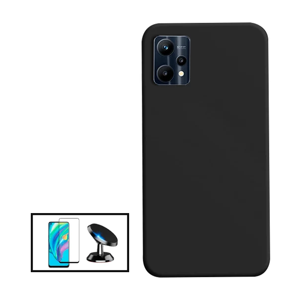Kit Vidro Premium Full Cover + Capa Silicone Líquido + Suporte Magnético de Carro para Realme V25 - Preto