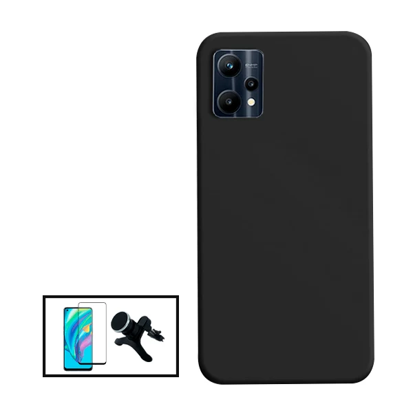 Kit Vidro Premium Full Cover + Capa Silicone Líquido + Suporte Magnético de Carro Reforçado para Realme V25 - Preto