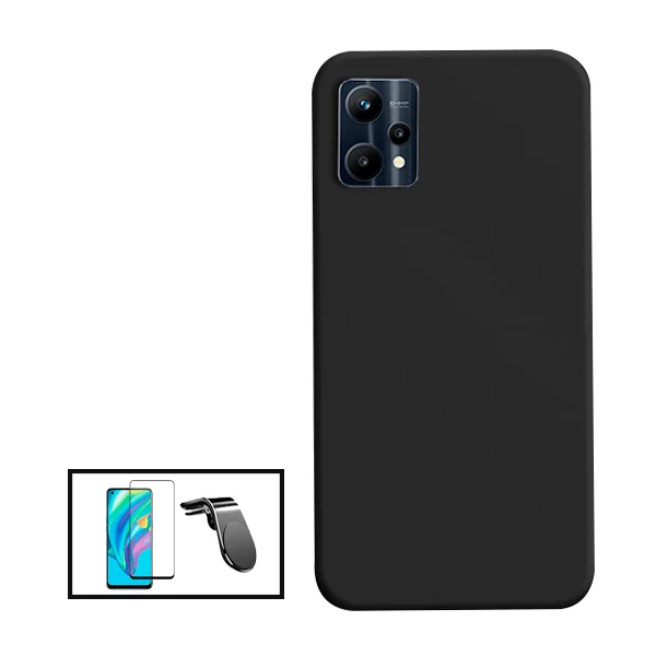 Kit Vidro Premium Full Cover + Capa Silicone Líquido + Suporte Magnético L Safe Driving Carro para Realme V25 - Preto