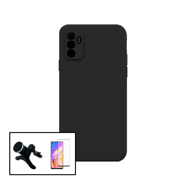 Kit Vidro Premium Full Cover + Capa Silicone Líquido + Suporte Magnético de Carro Reforçado para Oppo F19 Pro+ 5G - Preto