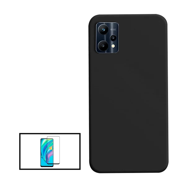 Kit Vidro Premium Full Cover + Capa Silicone Líquido para Realme 9 Pro+ Plus - Preto