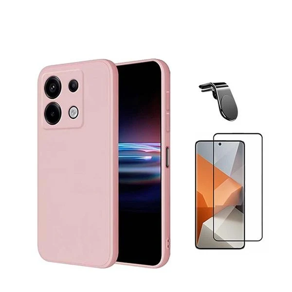 Kit Vidro Premium Full Cover + Capa Silicone Líquido + Suporte Magnético L Safe Driving Carro para Xiaomi Poco X6 5G - Rosa