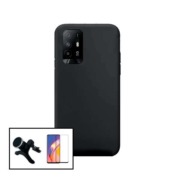 Kit Vidro Premium Full Cover + Capa Silicone Líquido + Suporte Magnético de Carro Reforçado para Oppo A95 5G