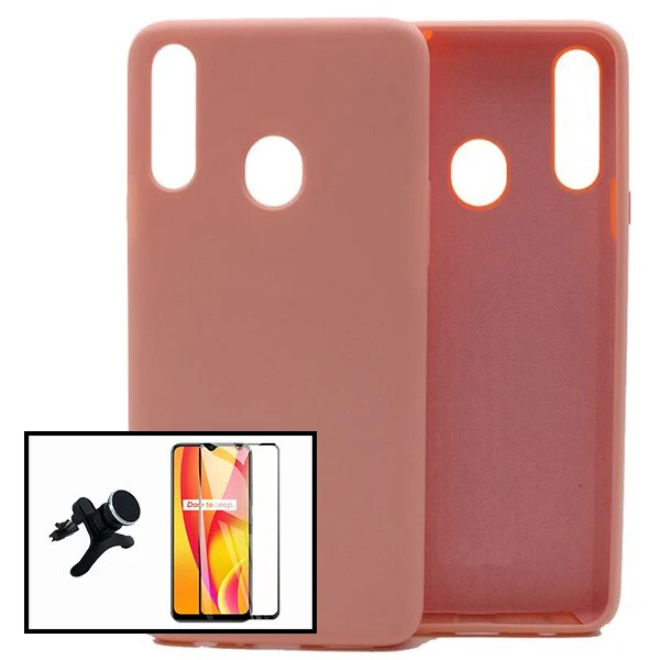 Kit Vidro Premium Full Cover + Capa Silicone Líquido + Suporte Magnético de Carro Reforçado para Samsung Galaxy A20s - Rosa