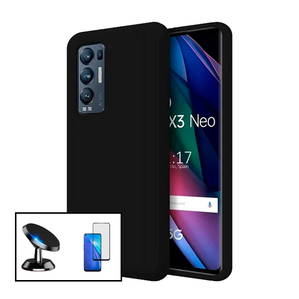 Kit Vidro Premium Full Cover + Capa Silicone Líquido + Suporte Magnético de Carro para Oppo Find X3 Neo