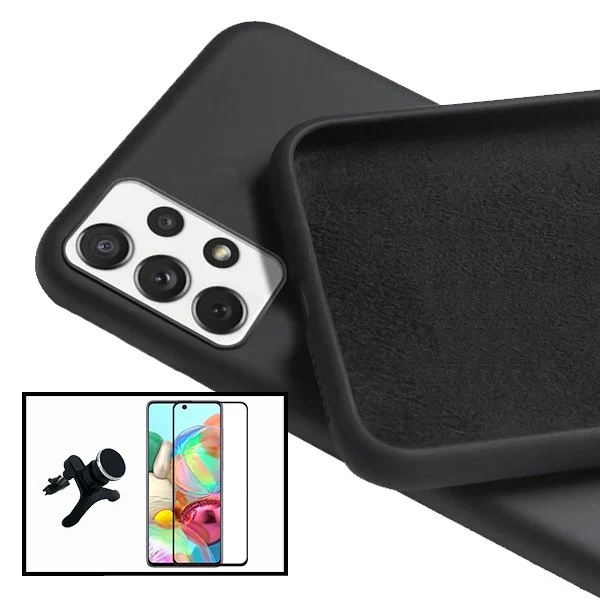 Kit Vidro Premium Full Cover + Capa Silicone Líquido + Suporte Magnético de Carro Reforçado para Samsung Galaxy A52 5G - P...