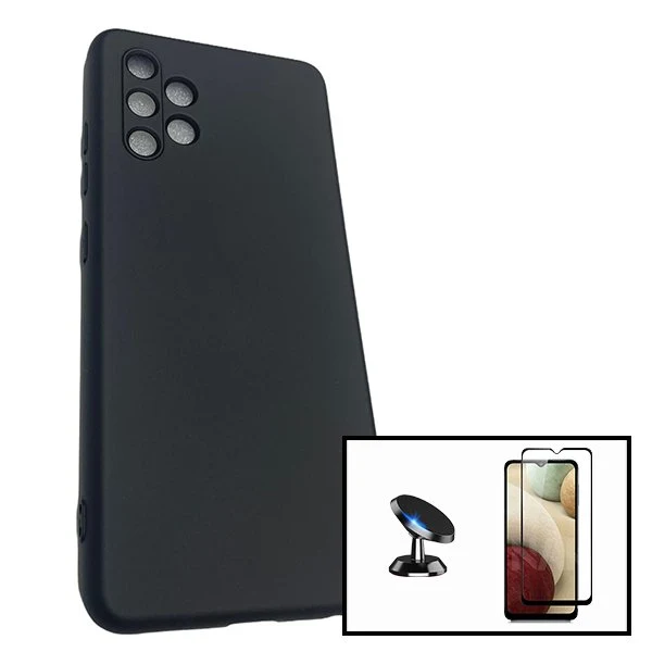 Kit Vidro Premium Full Cover + Capa Silicone Líquido + Suporte Magnético de Carro para Samsung Galaxy A32 5G - Preto