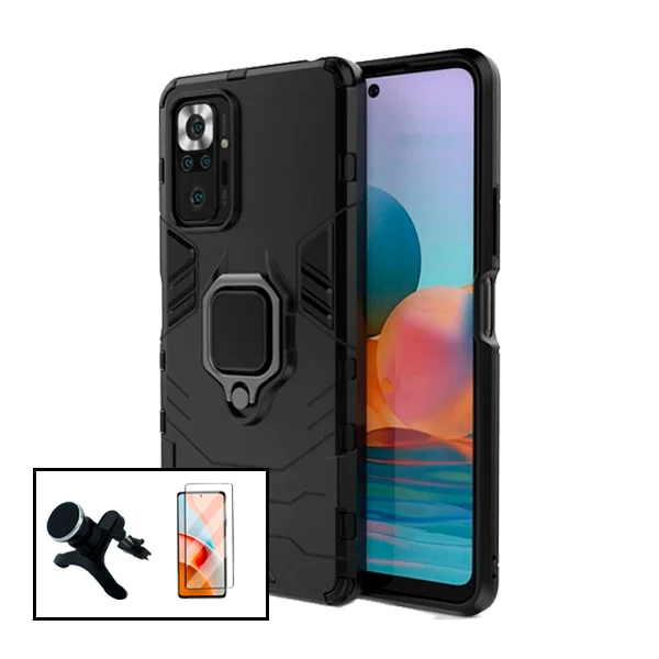 Kit Vidro Premium Full Cover + Capa 3X1 Military Defender + Suporte Magnético de Carro Reforçado para Xiaomi Redmi Note 10...