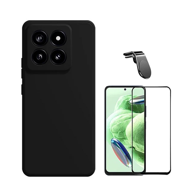 Kit Vidro Premium Full Cover + Capa Silicone Líquido + Suporte Magnético L Safe Driving Carro para Xiaomi 14 - Preto