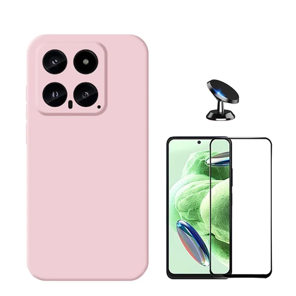 Kit Vidro Premium Full Cover + Capa Silicone Líquido + Suporte Magnético de Carro para Xiaomi 14 - Rosa