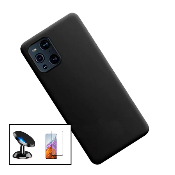 Kit Vidro Premium Full Cover + Capa Silicone Líquido + Suporte Magnético de Carro para Oppo Find X3