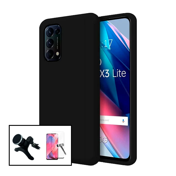 Kit Vidro Premium Full Cover + Capa Silicone Líquido + Suporte Magnético de Carro Reforçado para Oppo Reno5 4G