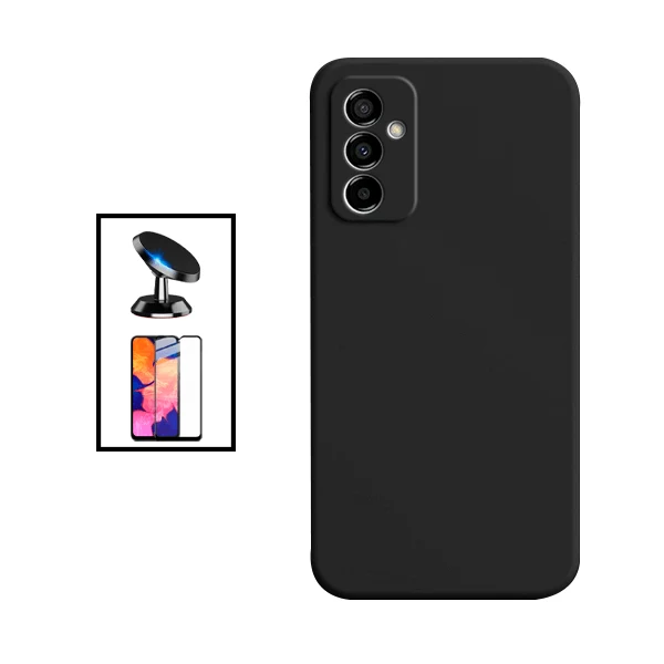 Kit Vidro Premium Full Cover + Capa Silicone Líquido + Suporte Magnético de Carro para Samsung Galaxy M13 - Preto