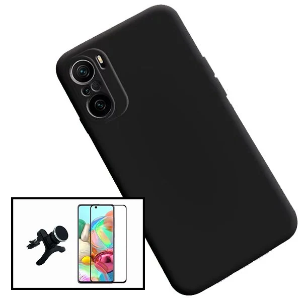 Kit Vidro Premium Full Cover + Capa Silicone Líquido + Suporte Magnético de Carro Reforçado para Xiaomi Redmi Note 10