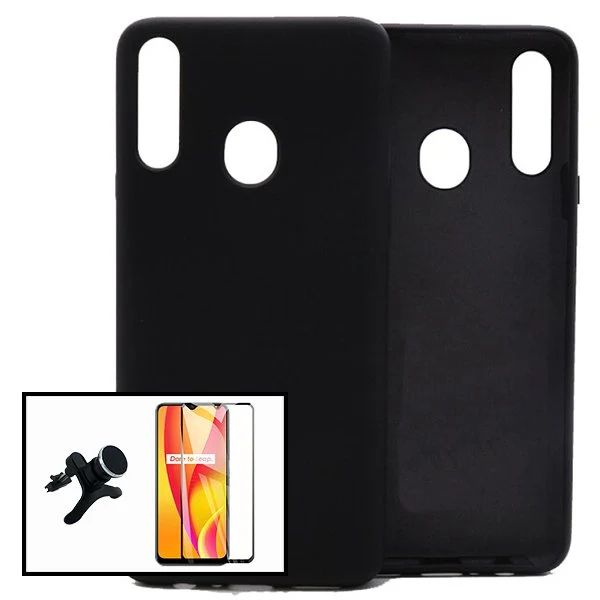 Kit Vidro Premium Full Cover + Capa Silicone Líquido + Suporte Magnético de Carro Reforçado para Samsung Galaxy A20s