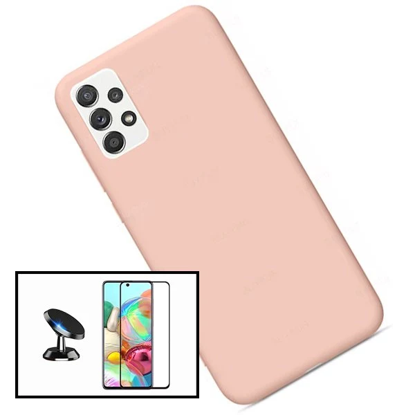 Kit Vidro Premium Full Cover + Capa Silicone Líquido + Suporte Magnético de Carro para Samsung Galaxy A52 - Rosa