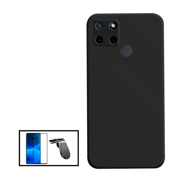 Kit Vidro Premium Full Cover + Capa Silicone Líquido + Suporte Magnético L Safe Driving Carro para Realme Narzo 50A - Preto