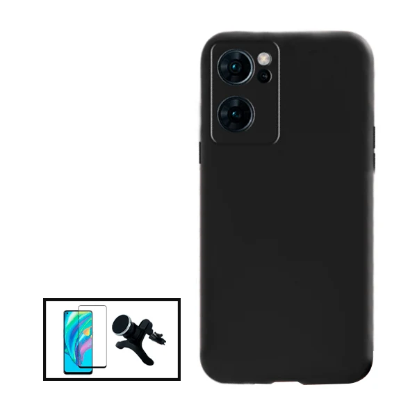 Kit Vidro Premium Full Cover + Capa Silicone Líquido + Suporte Magnético de Carro Reforçado para OnePlus Nord CE 2 5G - Preto