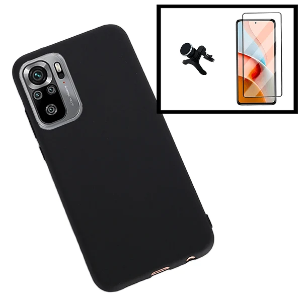 Kit Vidro Premium Full Cover + Capa Silicone Líquido + Suporte Magnético de Carro Reforçado para Xiaomi Redmi Note 10 5G