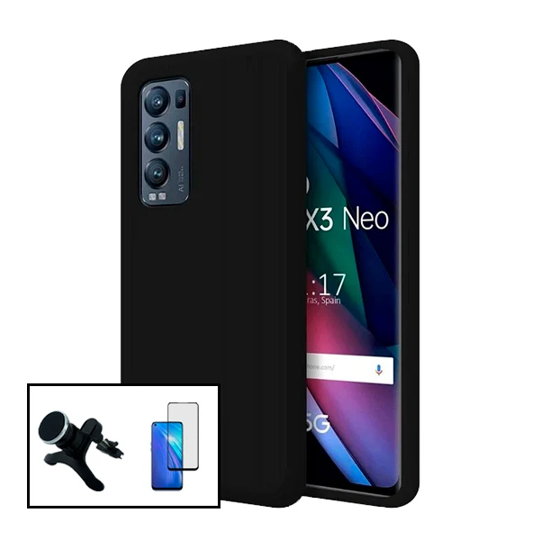 Kit Vidro Premium Full Cover + Capa Silicone Líquido + Suporte Magnético de Carro Reforçado para Oppo Find X3 Neo