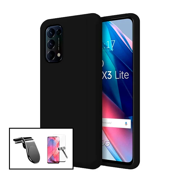 Kit Vidro Premium Full Cover + Capa Silicone Líquido + Suporte Magnético L Safe Driving Carro para Oppo Reno5 4G