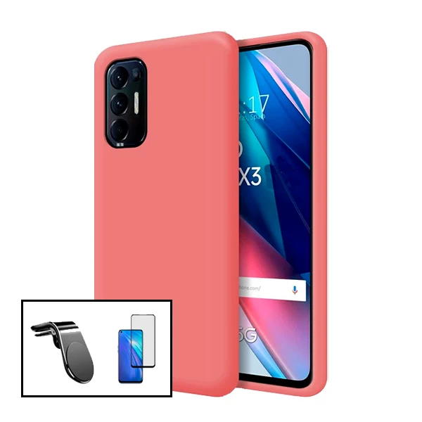 Kit Vidro Premium Full Cover + Capa Silicone Líquido + Suporte Magnético L Safe Driving Carro para Oppo Reno5 Pro+ 5G - Rosa