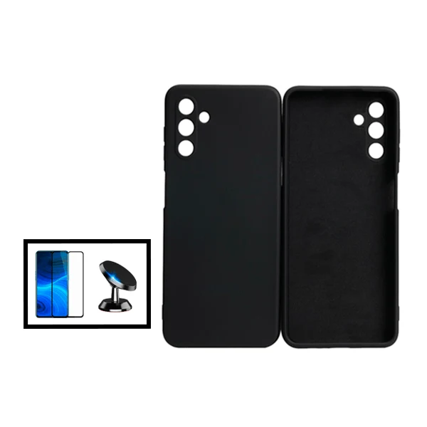 Kit Vidro Premium Full Cover + Capa Silicone Líquido + Suporte Magnético de Carro para Samsung Galaxy A13 5G - Preto