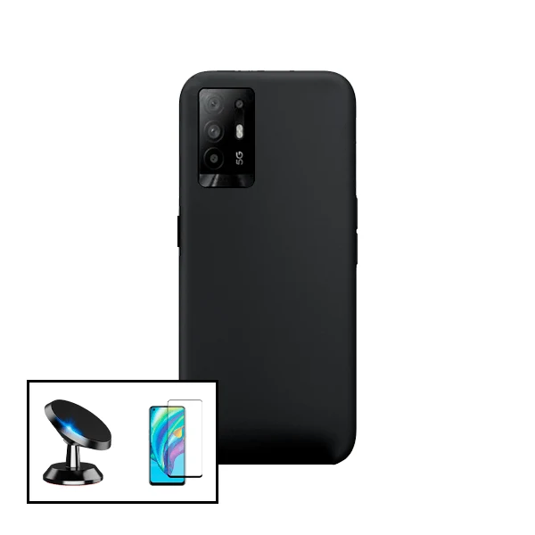 Kit Vidro Premium Full Cover + Capa Silicone Líquido + Suporte Magnético de Carro para Oppo F19 Pro+ 5G
