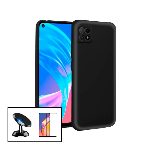 Kit Vidro Premium Full Cover + Capa Silicone Líquido + Suporte Magnético de Carro para Oppo A73 5G