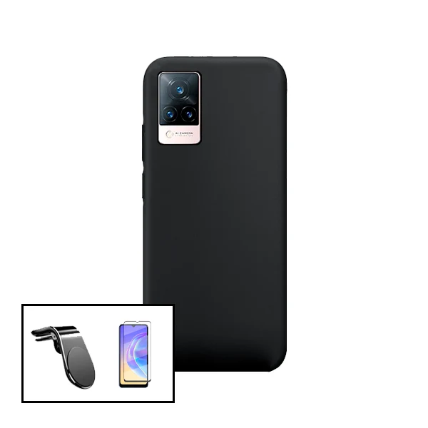 Kit Vidro Premium Full Cover + Capa Silicone Líquido + Suporte Magnético L Safe Driving Carro para Vivo V21 5G