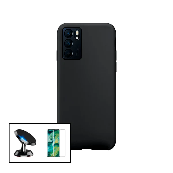 Kit Vidro Premium Full Cover + Capa Silicone Líquido + Suporte Magnético de Carro para Oppo Reno6 Pro 5G