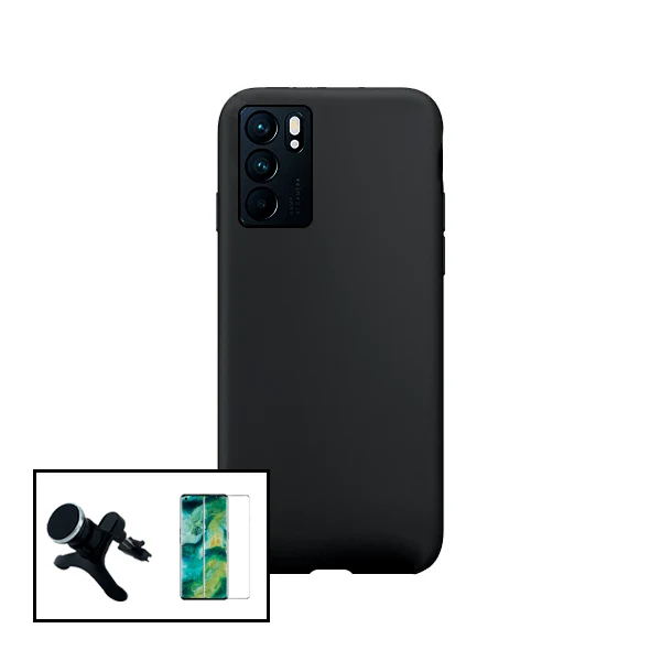 Kit Vidro Premium Full Cover + Capa Silicone Líquido + Suporte Magnético de Carro Reforçado para Oppo Reno6 Z