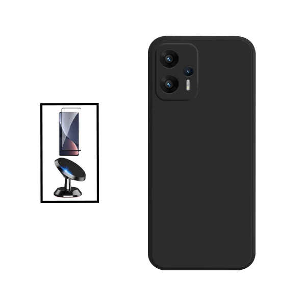 Kit Vidro Premium Full Cover + Capa Silicone Líquido + Suporte Magnético de Carro para Xiaomi Redmi Note 11T Pro - Preto