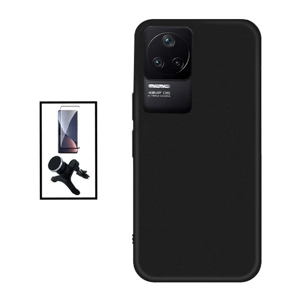 Kit Vidro Premium Full Cover + Capa Silicone Líquido + Suporte Magnético de Carro Reforçado para Xiaomi Poco F4 5G - Preto