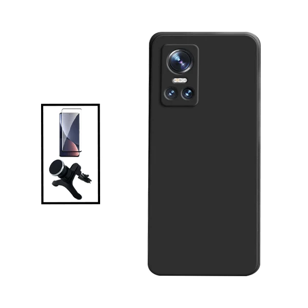 Kit Vidro Premium Full Cover + Capa Silicone Líquido + Suporte Magnético de Carro Reforçado para Realme GT Neo 3 - Preto