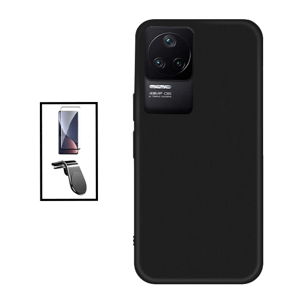Kit Vidro Premium Full Cover + Capa Silicone Líquido + Suporte Magnético L Safe Driving Carro para Xiaomi Poco F4 - Preto