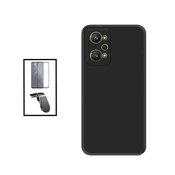 Kit Vidro Premium Full Cover + Capa Silicone Líquido + Suporte Magnético L Safe Driving Carro para Realme GT Neo 3T - Preto