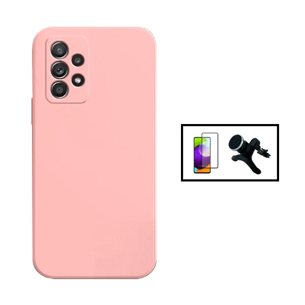 Kit Vidro Premium Full Cover + Capa Silicone Líquido + Suporte Magnético de Carro Reforçado para Samsung Galaxy A73 5G - Rosa