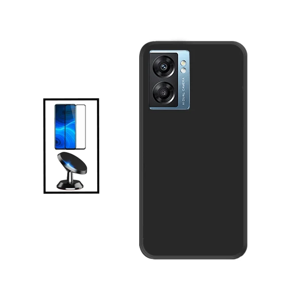 Kit Vidro Premium Full Cover + Capa Silicone Líquido + Suporte Magnético de Carro para Oppo A57 - Preto