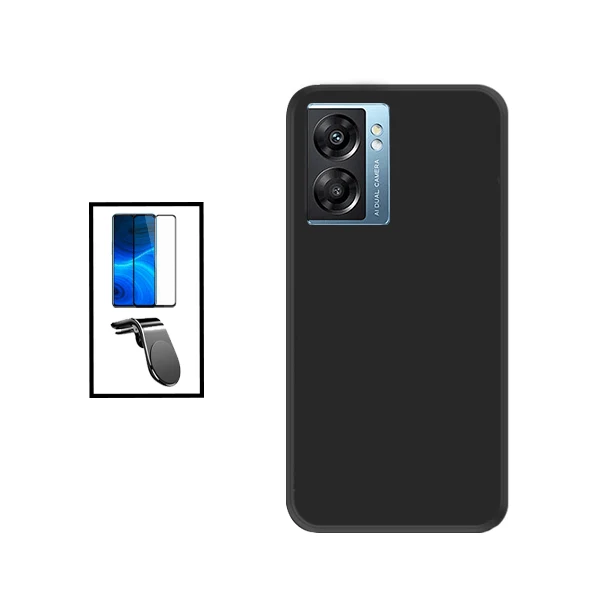 Kit Vidro Premium Full Cover + Capa Silicone Líquido + Suporte Magnético L Safe Driving Carro para Oppo A57 - Preto
