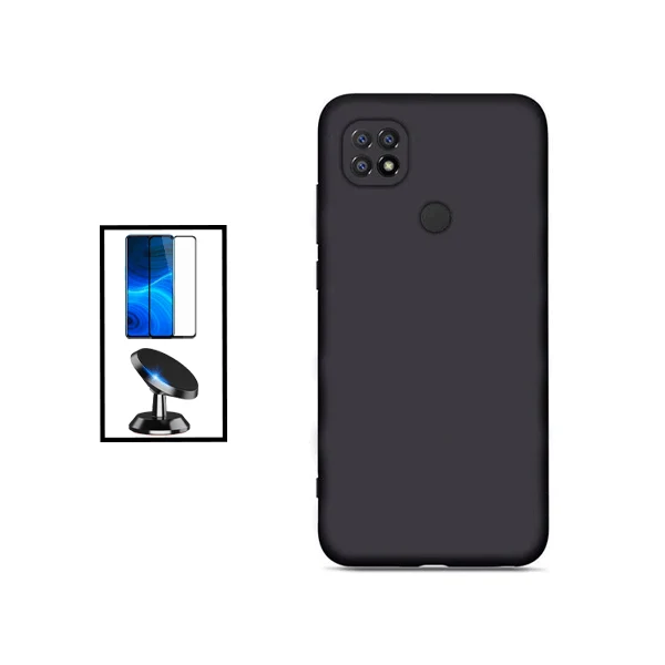 Kit Vidro Premium Full Cover + Capa Silicone Líquido + Suporte Magnético de Carro para Xiaomi Redmi 10 Power - Preto