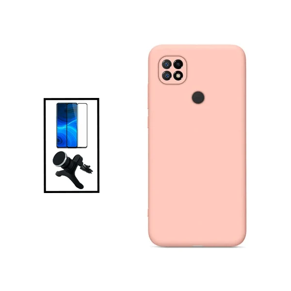 Kit Vidro Premium Full Cover + Capa Silicone Líquido + Suporte Magnético de Carro Reforçado para Xiaomi Redmi 10 Power - Rosa