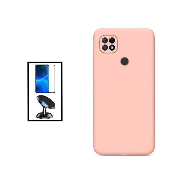 Kit Vidro Premium Full Cover + Capa Silicone Líquido + Suporte Magnético de Carro para Xiaomi Poco C40 - Rosa