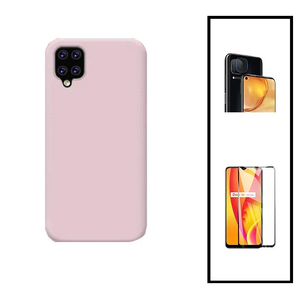 Kit Vidro Premium Full Cover + Película de Câmara Traseira + Capa Silicone Líquido para Samsung Galaxy A42 5G - Rosa