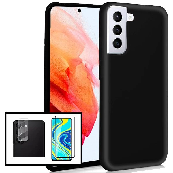Kit Vidro Premium Full Cover + Película de Câmara Traseira + Capa Silicone Líquido para Samsung Galaxy S21 Ultra 5G - Preto
