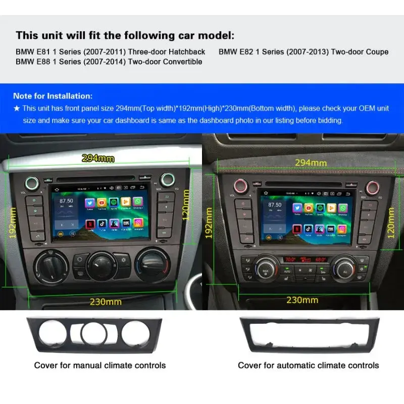 Radio CarPlay Android Auto Bluetooth USB BMW Serie 1 E81 E82 E87 E88