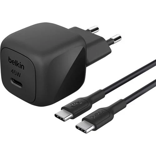 Carregador Belkin BoostCharge Compact USB TIPO C PD 45W + Cabo USB-C/USB-C 1m - Preto