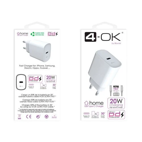 Carregador USB TIPO C com Power Delivery + Cabo USB-C4-Ok 20W - Branco