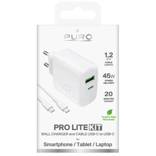 Carregador 2x USB- / USB TIPO C Puro Prolite 45W + Cabo USB-C | 1,2 M - Branco