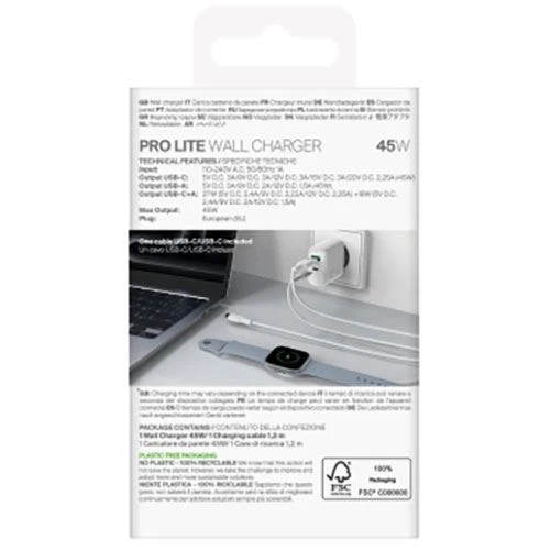 Carregador 2x USB- / USB TIPO C Puro Prolite 45W + Cabo USB-C | 1,2 M - Branco